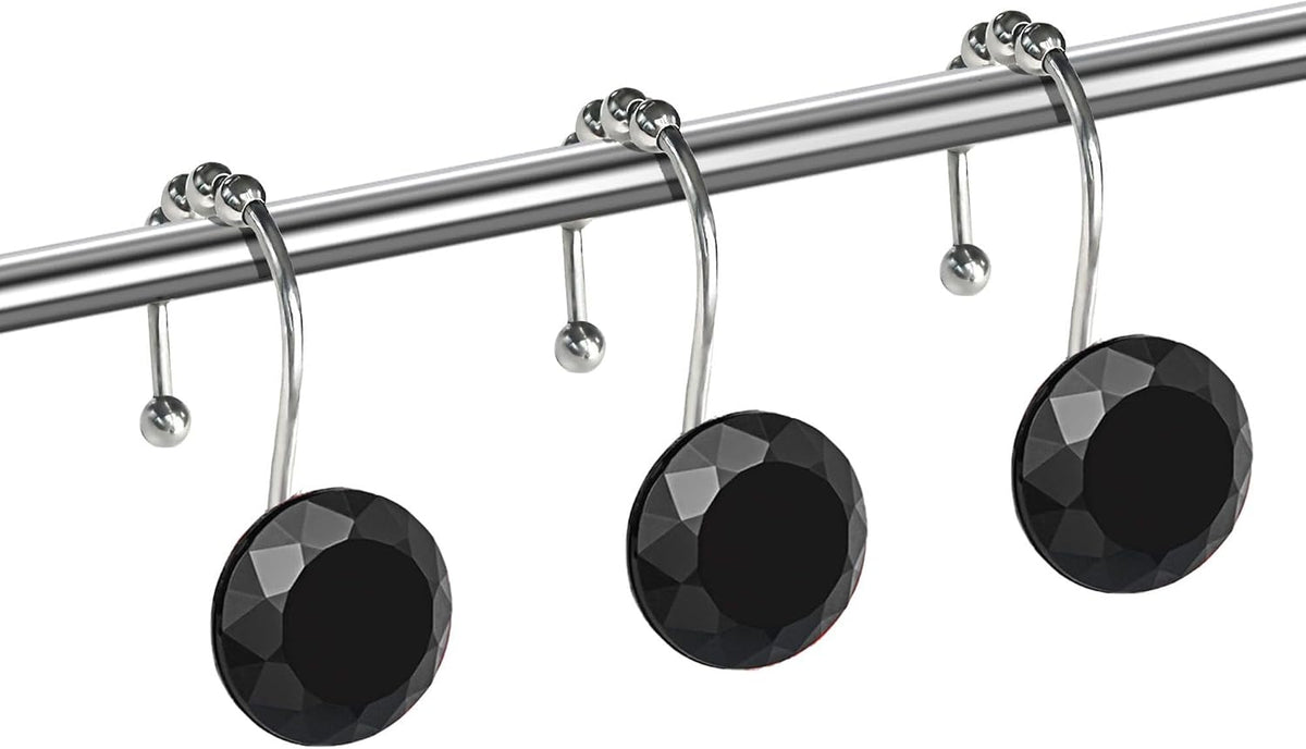 Black Crystal Diamond Shower Curtain Hooks for Bathroom【12Pack】, Silver Rust Proof Stainless Steel Rings, Decorative Gem Hanger, Bling Rhinestone, Glittery, Cute, Fancy Accessories
