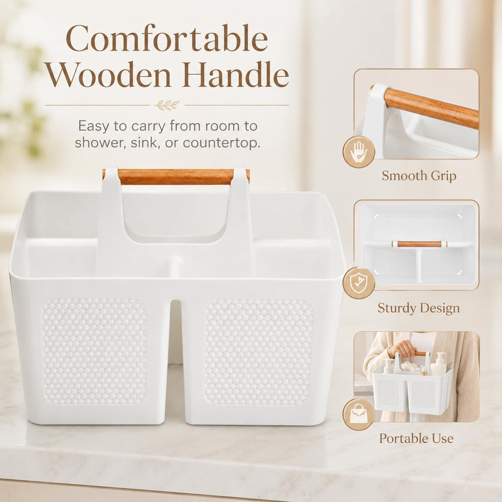 Haundry Plastic White Shower Caddy Basket with 3 Compartments, Portable Divided Bathroom Cleaning Caddy Organizer Storage Tote with Handle for Dorm, College, Room Essentials