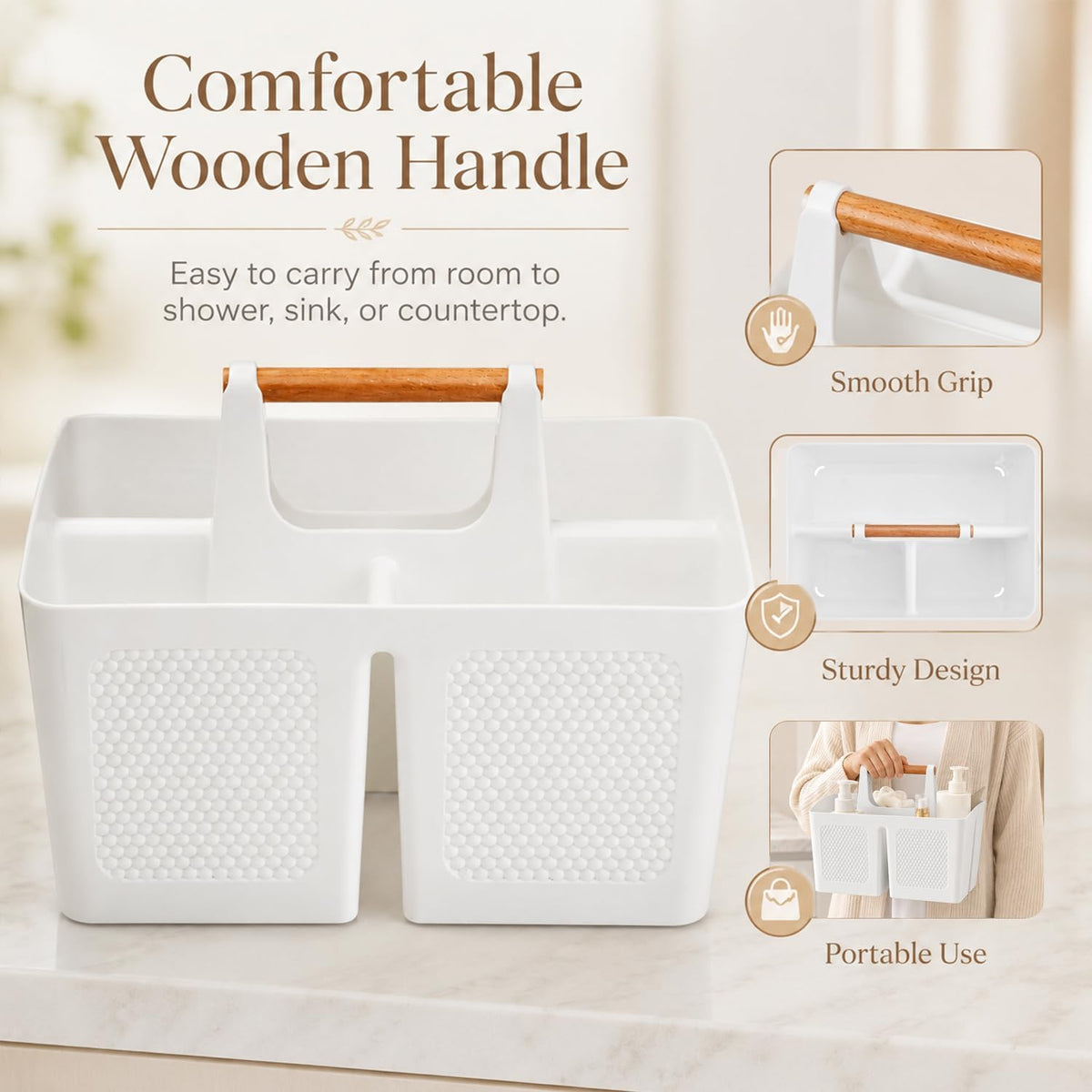 Haundry Plastic White Shower Caddy Basket with 3 Compartments, Portable Divided Bathroom Cleaning Caddy Organizer Storage Tote with Handle for Dorm, College, Room Essentials