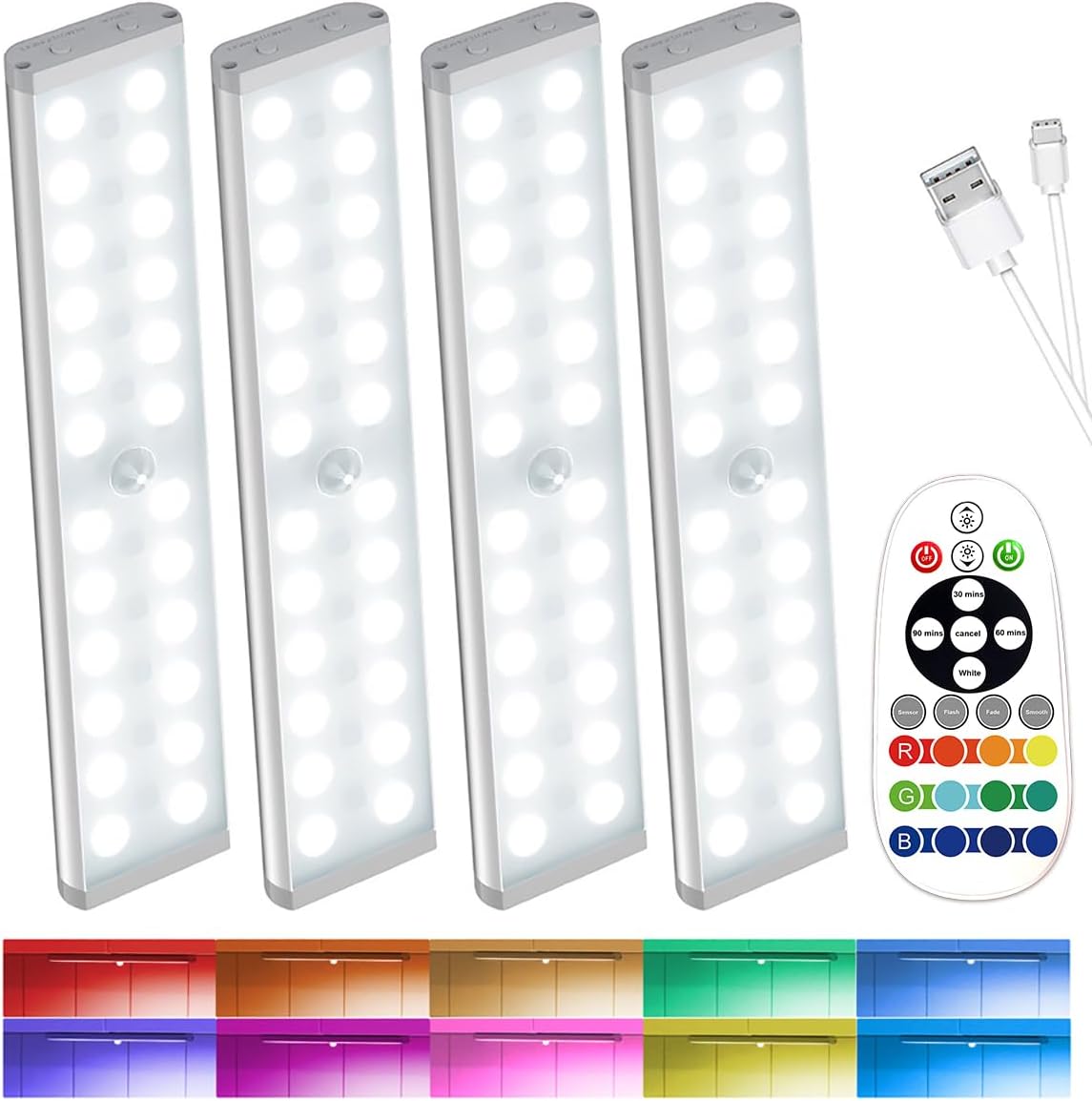 SZOKLED 58-LED Under Cabinet Lighting Wireless, RGB Motion Sensor Night Lights, Magnetic Under Cabinet Lights for Kitchen, Shelf, Stair, 15 Color (4 Pcs)
