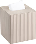 KINGFOM Tissue Box Cover, PU Leather Square Tissue Box Holder for Kleenexs with Magnetic Bottom Cover for Facial Tissues/Napkins, Office & Living Room Decor Box (Beige Strips)