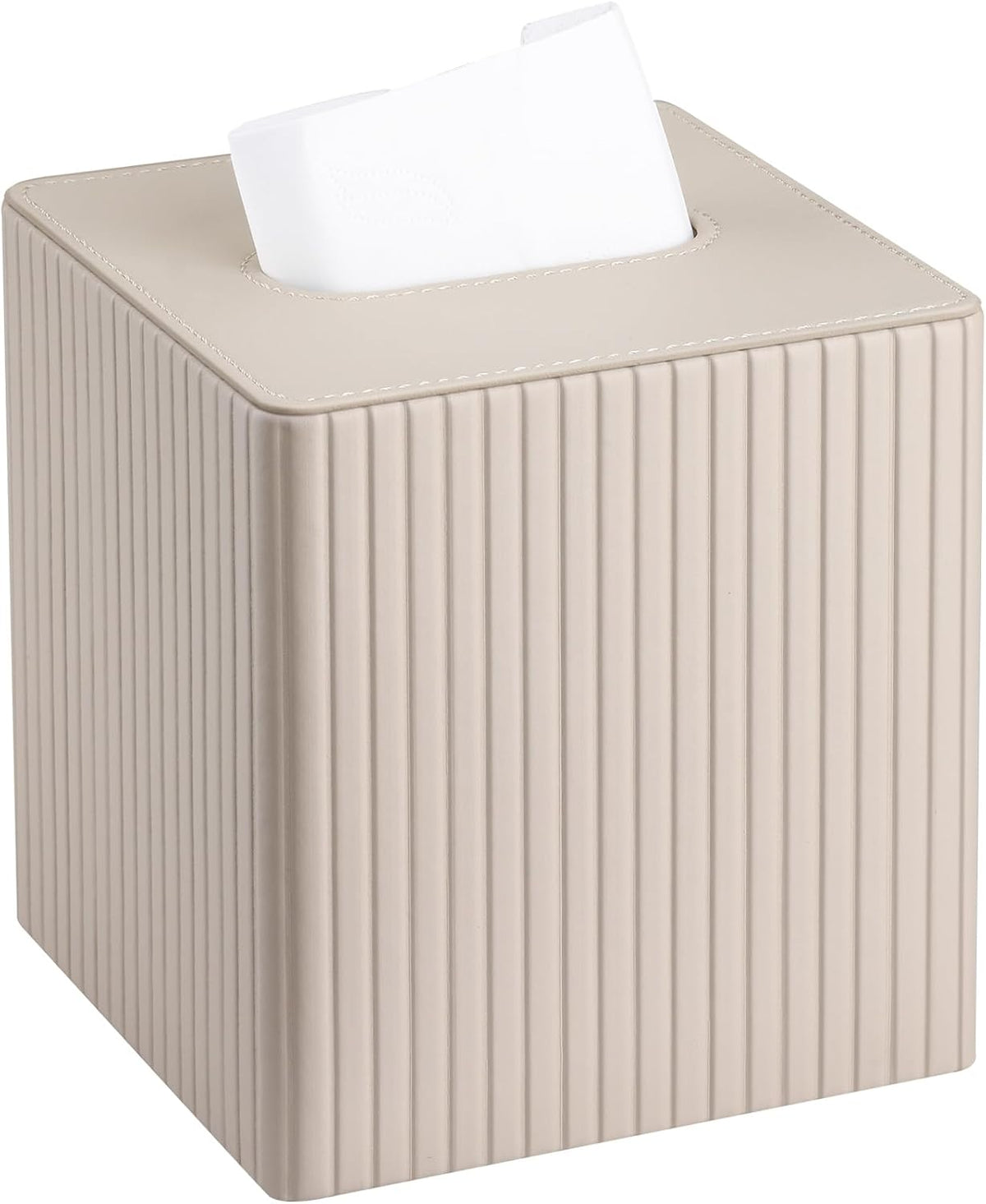KINGFOM Tissue Box Cover, PU Leather Square Tissue Box Holder for Kleenexs with Magnetic Bottom Cover for Facial Tissues/Napkins, Office & Living Room Decor Box (Beige Strips)