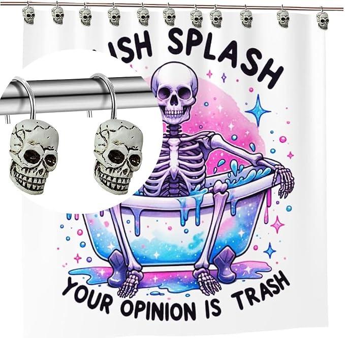 Decorative Shower Curtain Hooks, 12pcs Skull Resin Art Deco Rust Resistant Hooks Glide Shower Ring Hangs Holder Bling for Bathroom Baby Living Room Nursery Halloween Decoration