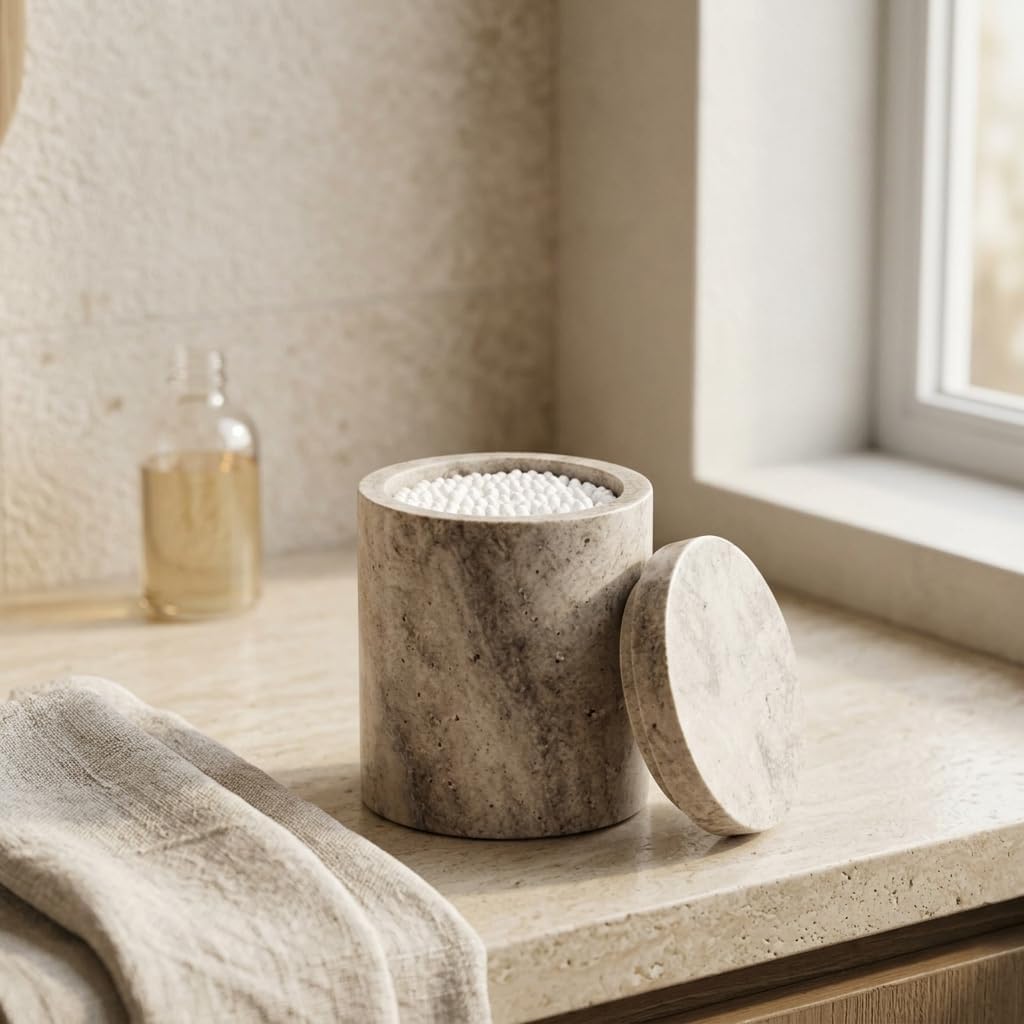 Natural Marble Canister, Cotton Swab Holder with Lid