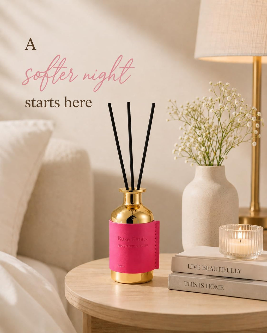 Reed Diffuser Set, Pretty Valley Home Diffuser 80Ml / 2.7 fl OZ Gift Box - Includes Reed Diffuser Sticks, Long Lasting Fragrance Oil and Glass Bottle for Office Living Room Decor (Rose Petals)