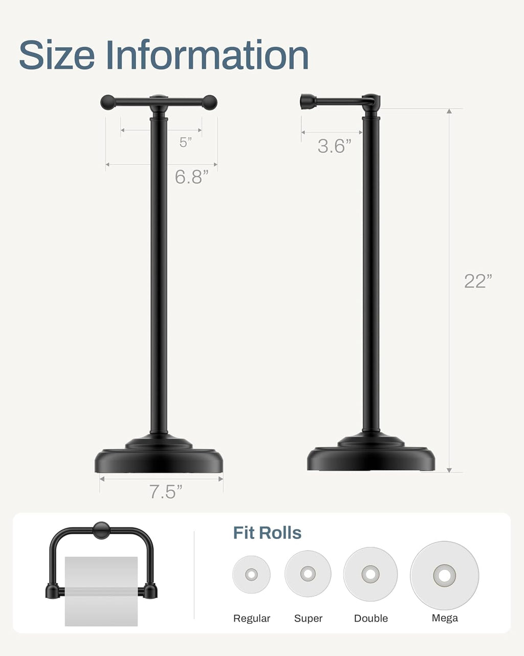 Matte Black Toilet Paper Holder Stand Freestanding, Weighted Base, 22 in