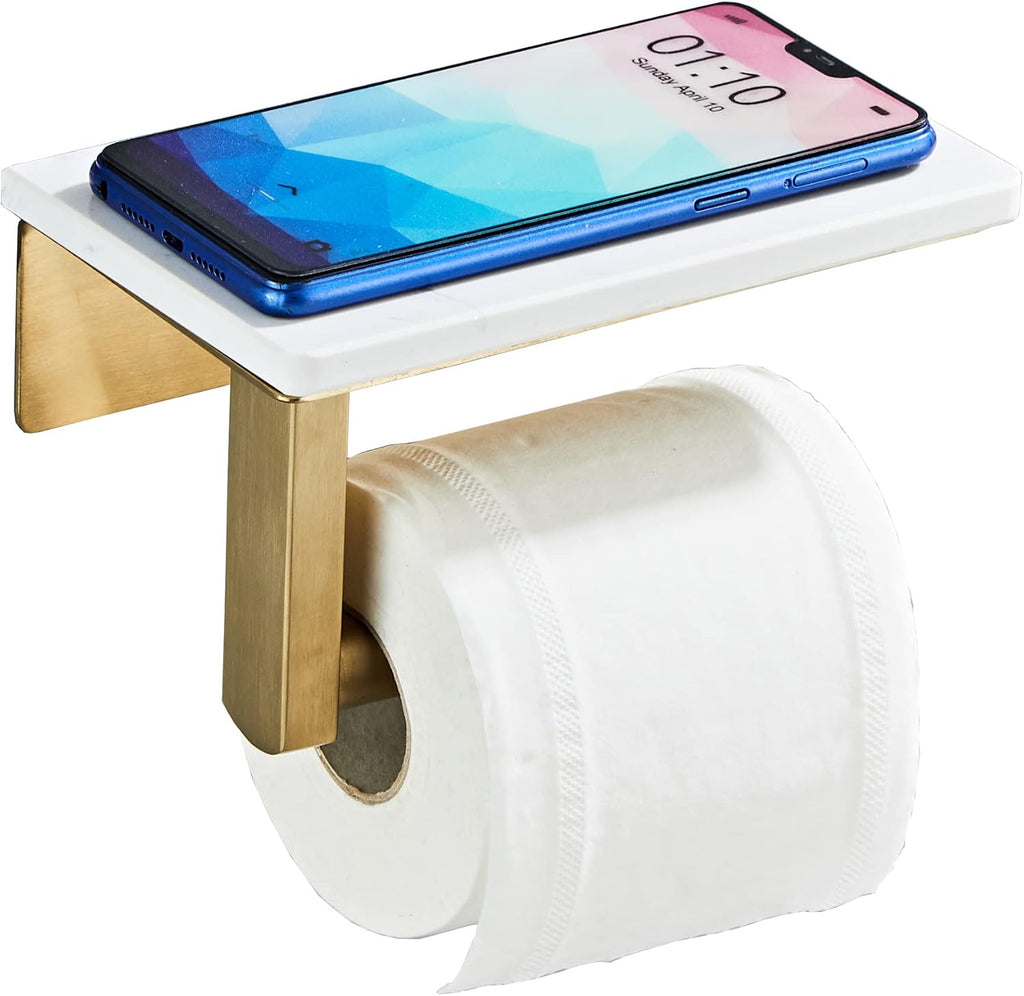 Brushed Gold Toilet Paper Holder with Marble-Look Shelf, Wall Mounted SUS304 Stainless Steel Toilet Roll Holder with Phone Storage