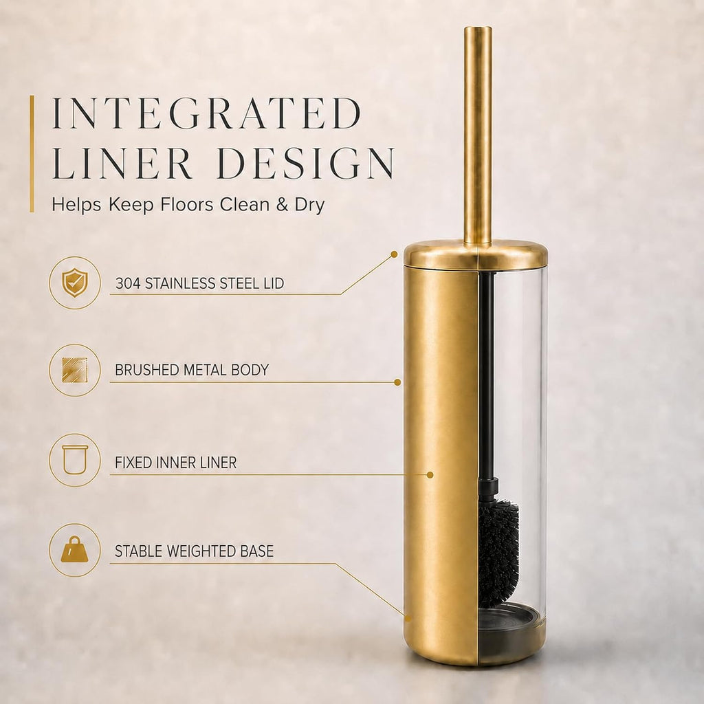 Chrome Toilet Brush and Holder Set，Extra Long Handled Toilet Bowl Brush and Holder，Stainless Steel Heavy Duty Toilet Brush for Bathroom,Deep Cleaning Modern Toilet Cleaner Slip Base (Gold)
