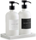 Glass Soap Dispenser Set of 2 (White) with Silicone Tray | Hand and Dish Soap Dispenser for Kitchen and Bathroom | 16.8 Oz Glass Bottles with Stainless Steel Pump & 15 Waterproof Labels (White/Black)
