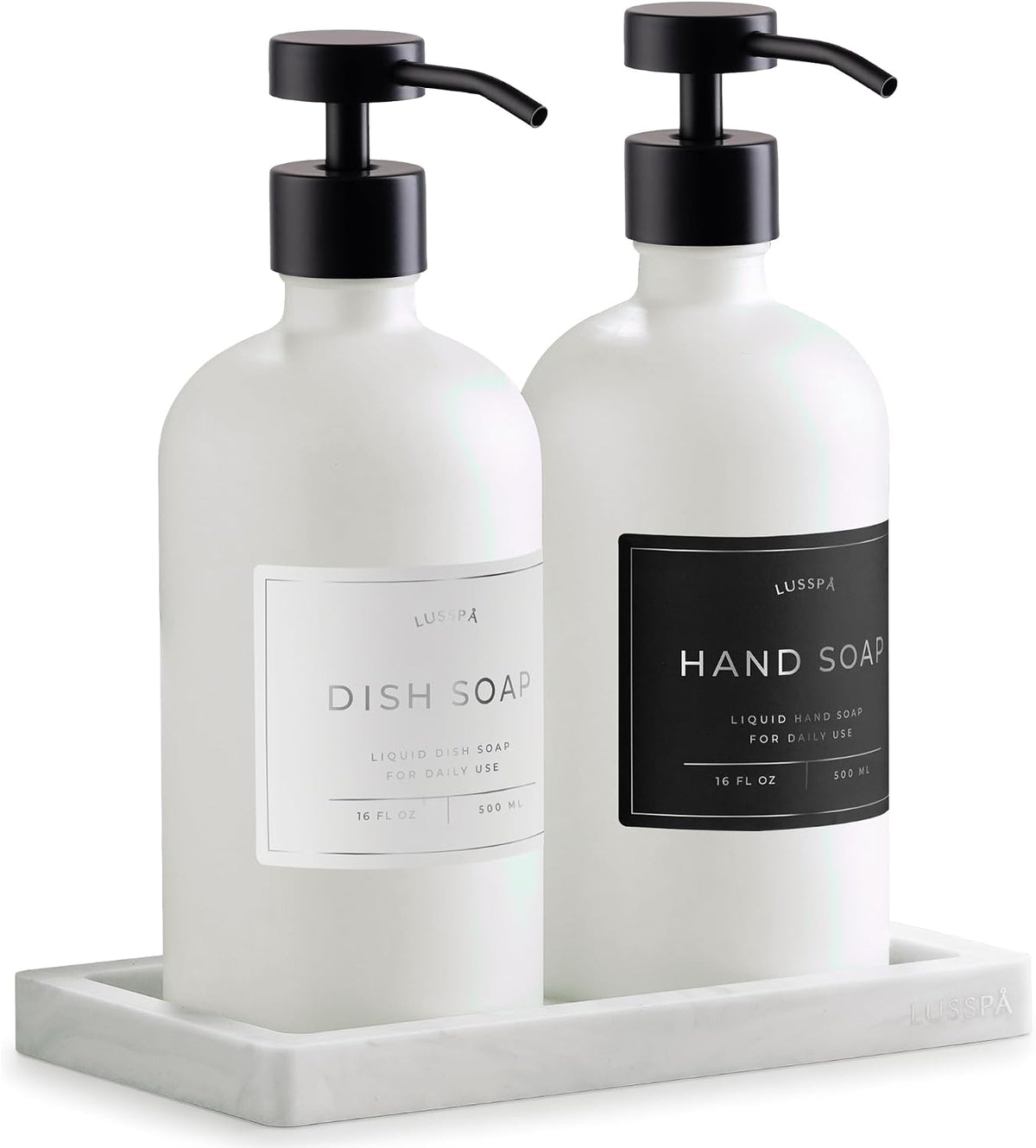 Glass Soap Dispenser Set of 2 (White) with Silicone Tray | Hand and Dish Soap Dispenser for Kitchen and Bathroom | 16.8 Oz Glass Bottles with Stainless Steel Pump & 15 Waterproof Labels (White/Black)