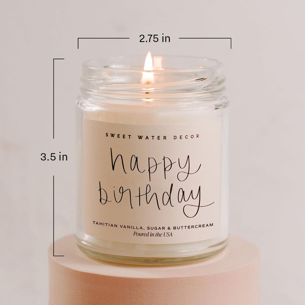 Sweet Water Decor Happy Birthday Soy Candle - Vanilla Sugar & Buttercream Sweet Scented Happy Birthday Candle Gift for Mom, Friends & Girls - 40 Hour Burn Time - 9oz - Non Toxic