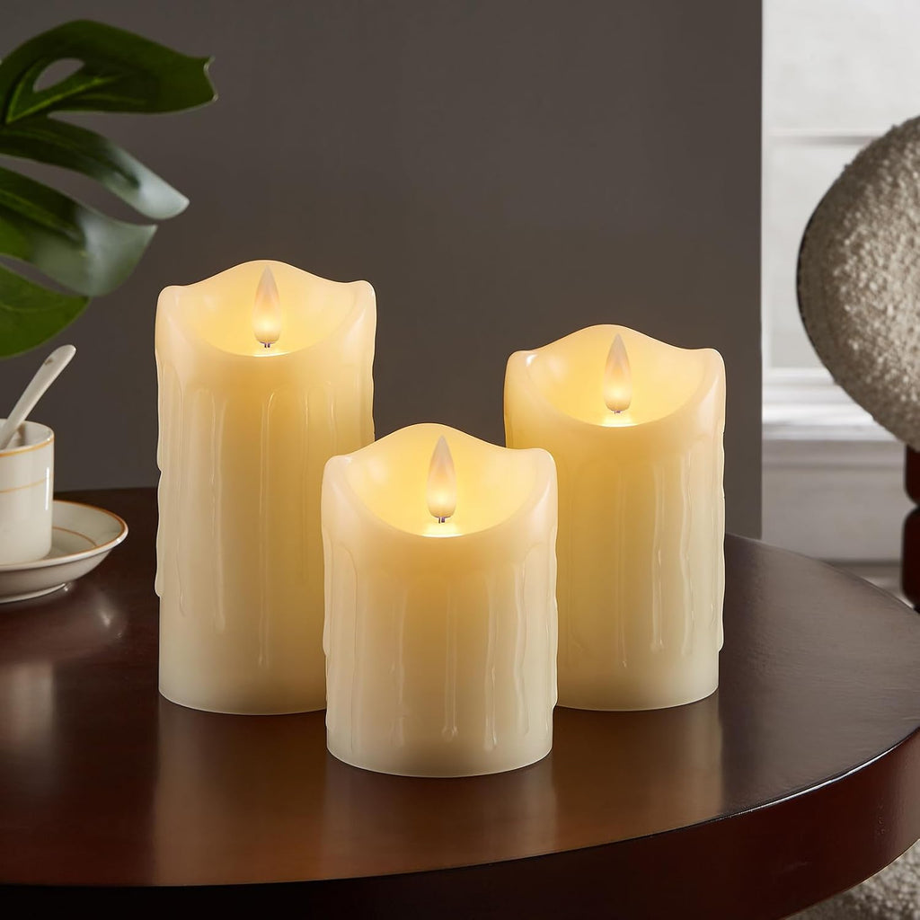 Flameless Pillar Candles Flickering with Remote Timer, Battery Operated LED Candles Up to 400 Hours, 3D Moving Flame Real Wax Candles. (Ivory with Teardrop)