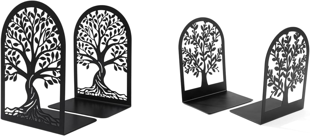 2 Pairs Tree of Life Metal Bookends, Black Book Stoppers for Shelves