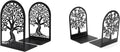 2 Pairs Tree of Life Metal Bookends, Black Book Stoppers for Shelves