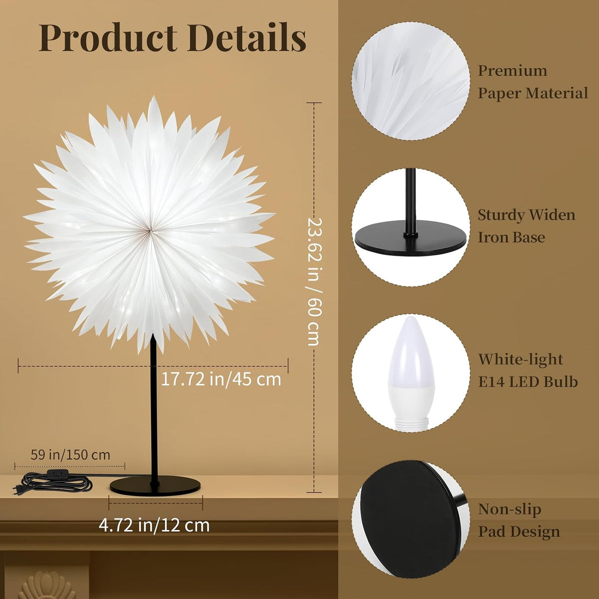 Lewondr 3D Christmas Paper Star Table Lamp, Translucent Feather, White