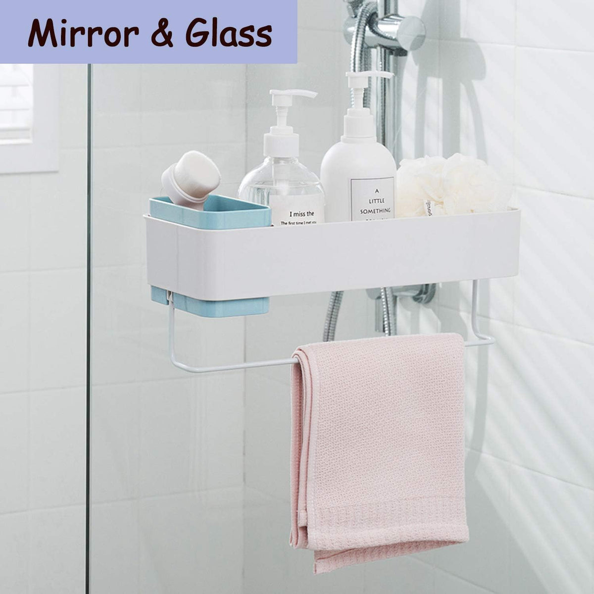 Bathroom Organizer Mirror, Restroom Shelf Adhesive Wall Mount No Drilling Basket Rack Shelves Shower Caddy Blue