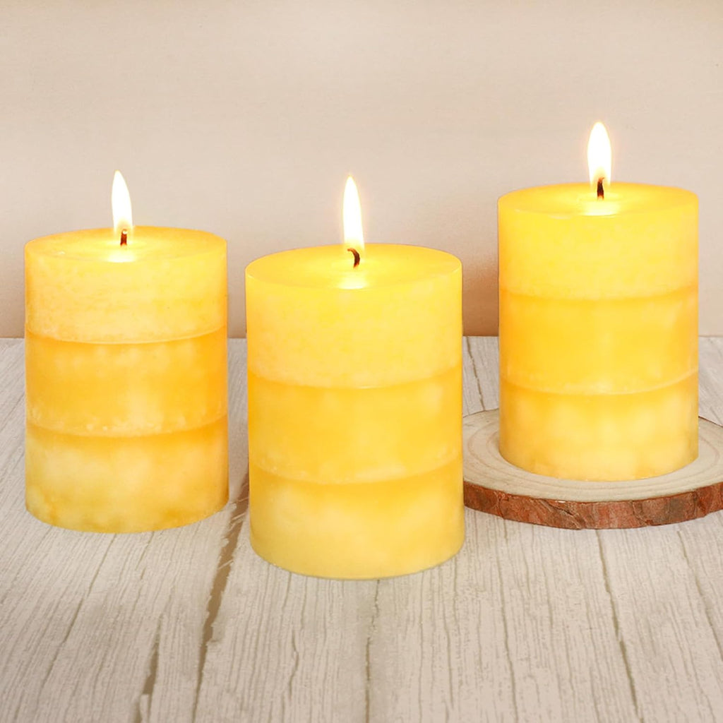 Yellow Pillar Candles 3x4 Inch Hand-Poured Lemon Scented Candles Lemongrass Fragrance Long Lasting Clean Burning Smokeless Summer Candle for Home Scent Bathroom Rustic Table Decor, Set of 3