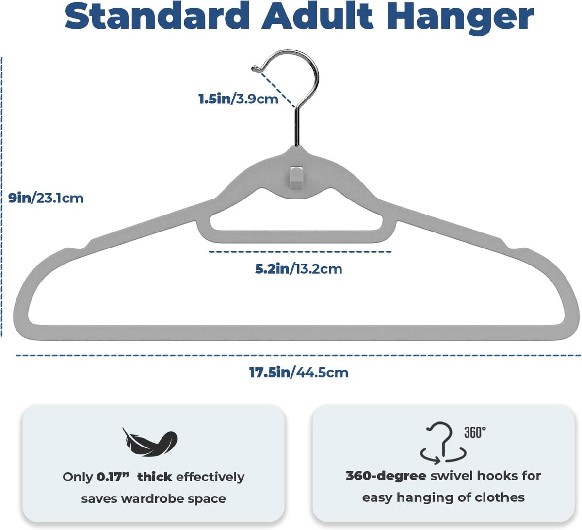 Grey Velvet Hangers, Stackable Hanger with Non Slip Felt Fabric