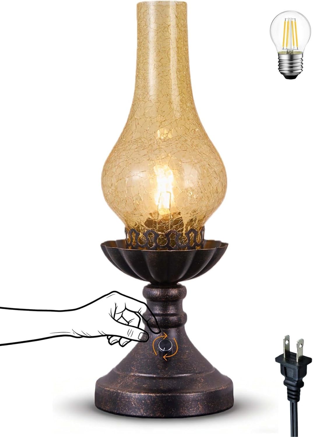 Vintage Table Lamp with Crackled Glass Shade & Rotary Knob Switch, Small Antique Desk Lamp,Lantern Rustic Farmhouse Western Victorian Bedside Decor for Bedroom,Living Room,Office