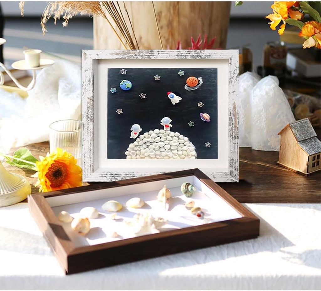 Rustic 8x8 Shadow Box Frame White Shadow Box Display Case Made of Solid Wood and Real Glass Internal Depth 0.6 inches for Wall Or Tabletop（3 Pack）