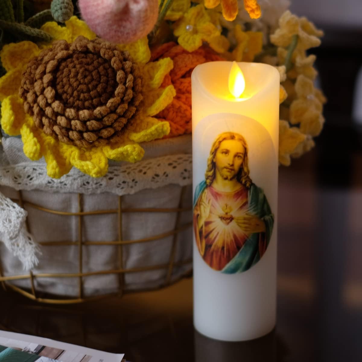 Sacred Heart of Jesus Flameless Prayer Candle, Real Wax, Moving Wick, Jesus Devotion Flicker Bright Candles, Battery Operated with Remote Timer Function