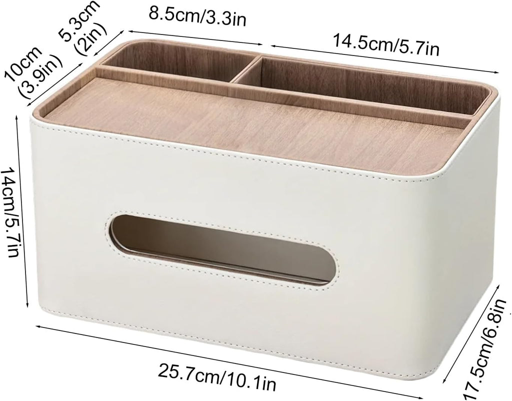 PU Leather Tissue Box Cover Rectangular with Storage Organizer, Multifunctional Remote Control Holder, Desk Organizer for Living Room, Bedroom, Office, Decorative Tissue Holder with Compartments Beige