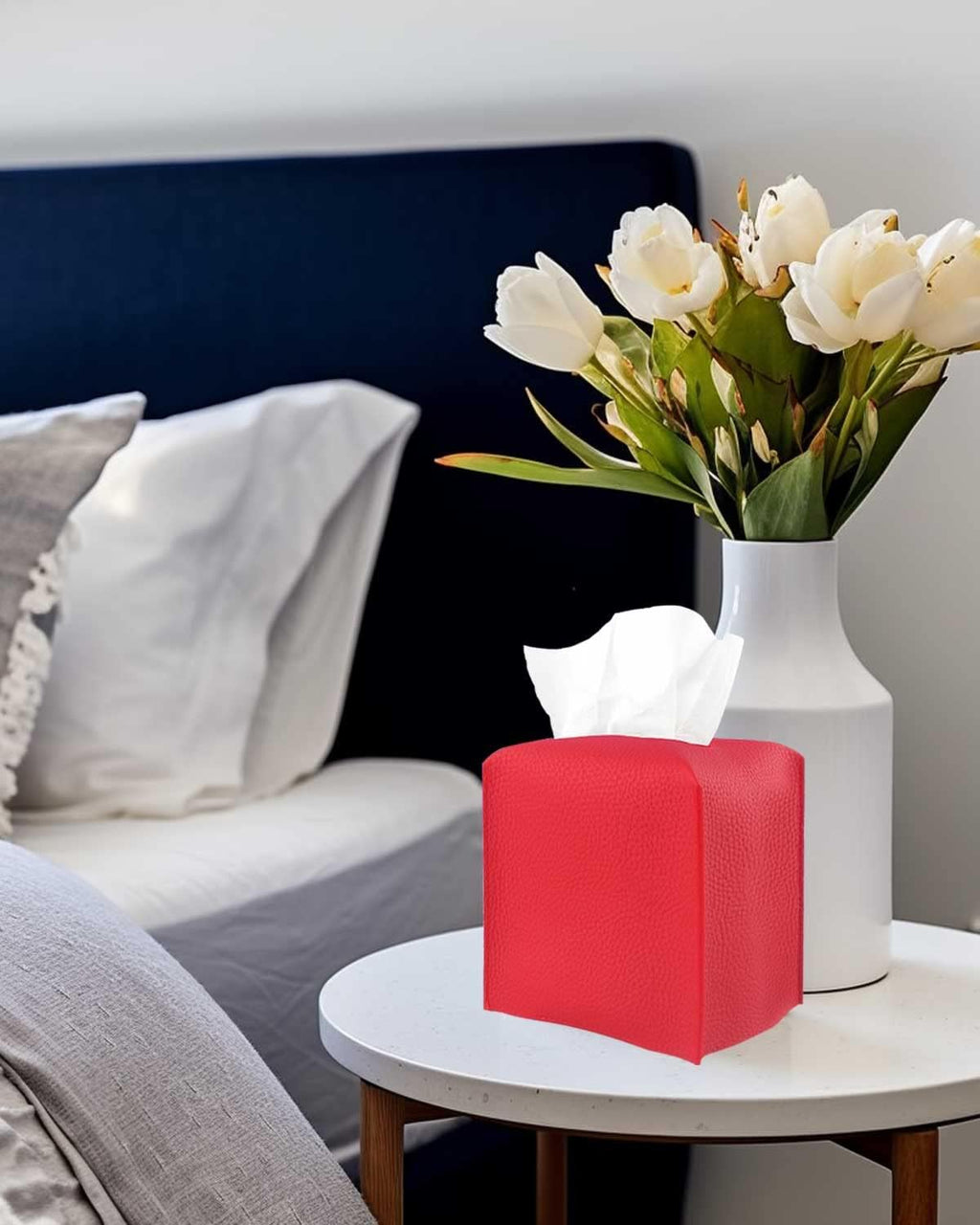 Red Tissue Box Cover Square – with Bottom Belt [JESMINI, Red] Modern PU Leather Tissue Cube Box Holder Decorative for Bathroom Vanity Countertop/Night Stands/Office Desk, 5x5x5