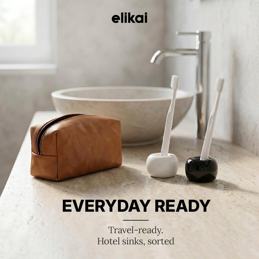ELIKAI Ceramic Toothbrush Holders with Bathroom Tray, Countertop Organizer for Toothbrushes and Accessories, Hygienic Individual Holder Set (Black & White, 2 Pack)