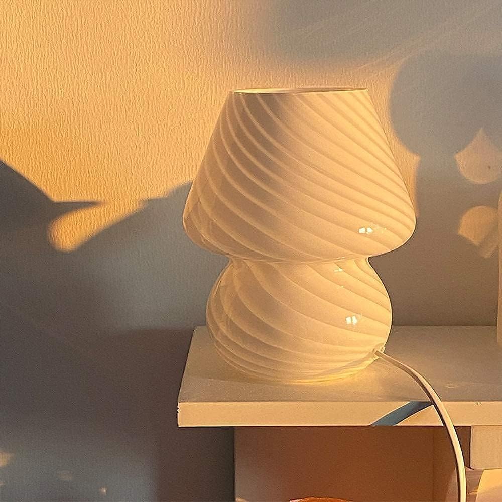 Translucent Table Mushroom Lamp Italian Style Modern Striped Glass Bedside Lamps Desk Light, Used for Baby Home Decoration of Dining, Living, Study,Gift