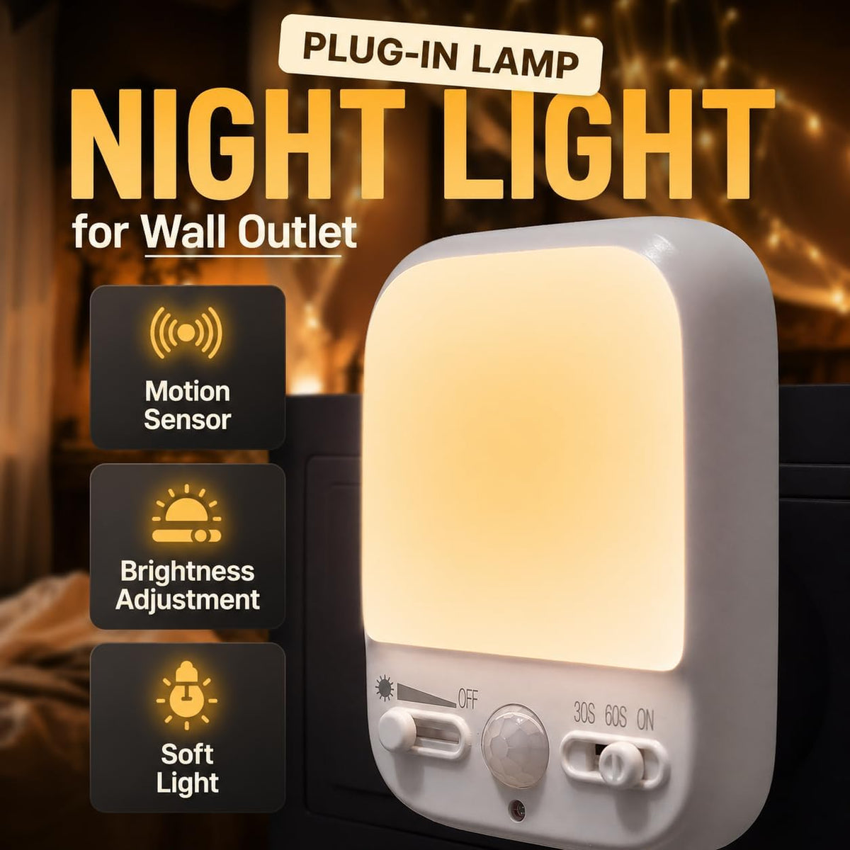 Night Sensor LED Motion-Activated Night Light Rotatable Dusk to Dawn AC Outlet Plug-in Wall Night Sensor Light for Bedroom Hallway Stairway Garage Basement Corridor Indoor