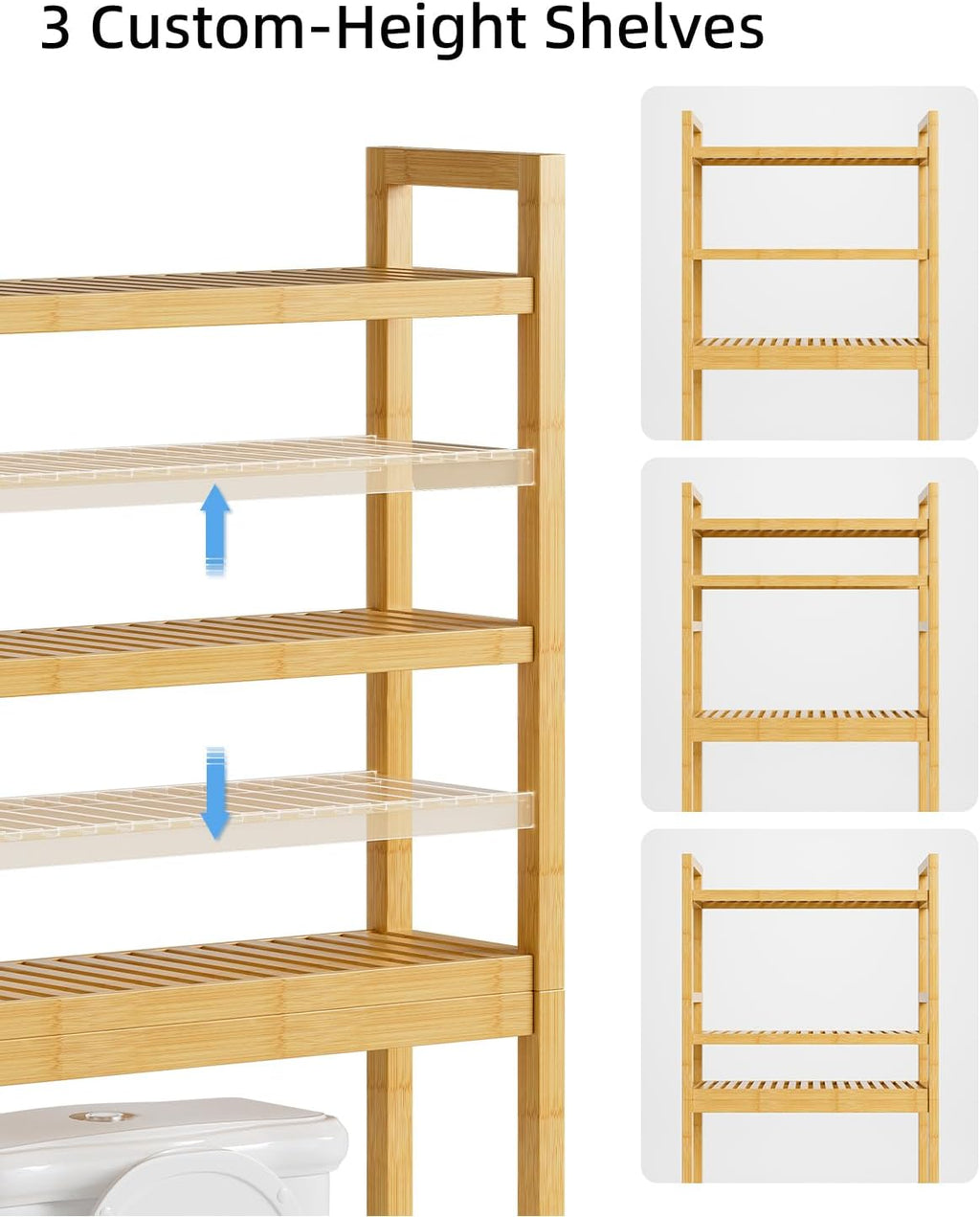 SMIBUY Bathroom Storage Shelf, Bamboo Over-The-Toilet Organizer Rack, Freestanding Toilet Space Saver with 3-Tier Adjustable Shelves (Natural)