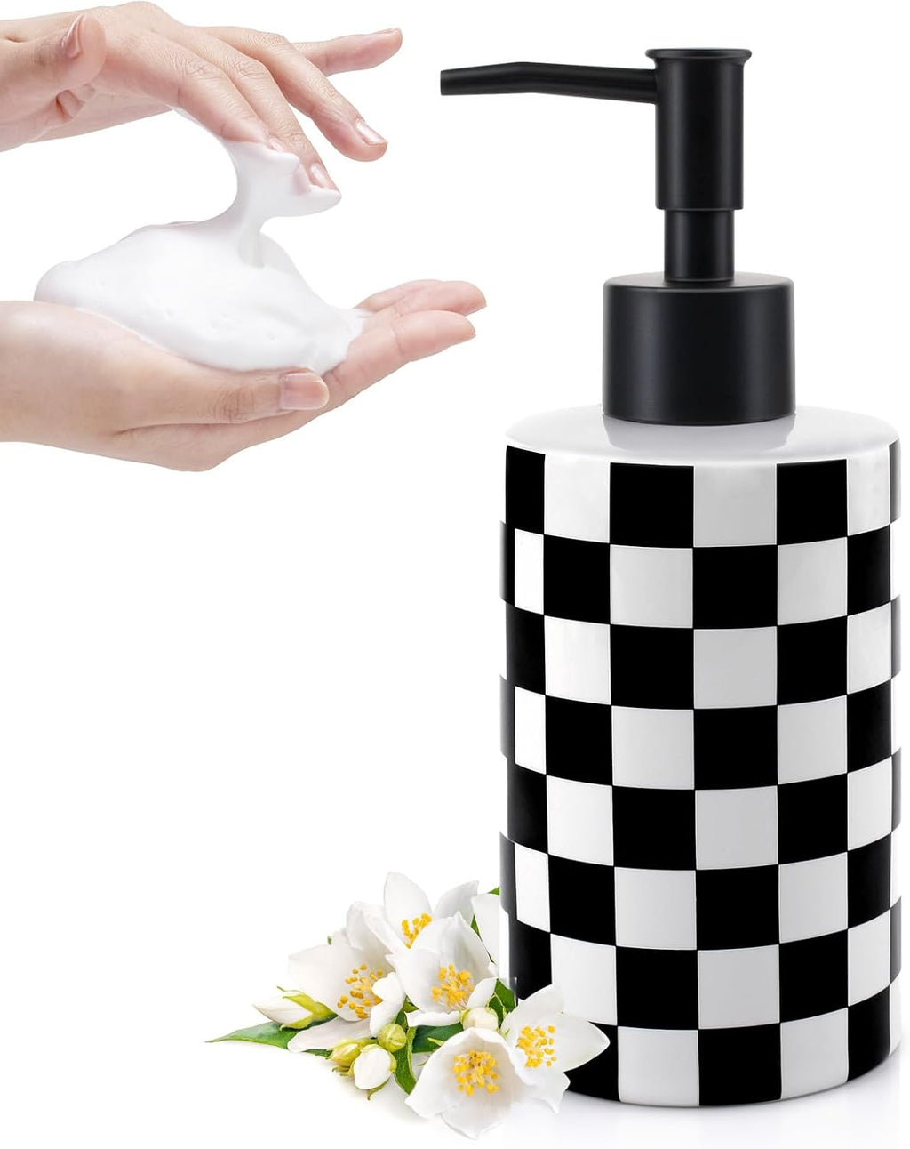 Soap Dispenser with Matte Black Pump, Ceramic Soap Dispenser Bathroom, Checkerboard Dish Soap Lotion Dispenser for Kitchen Sink, Black & White Plaid Refillable Liquid Hand Soap Bottle