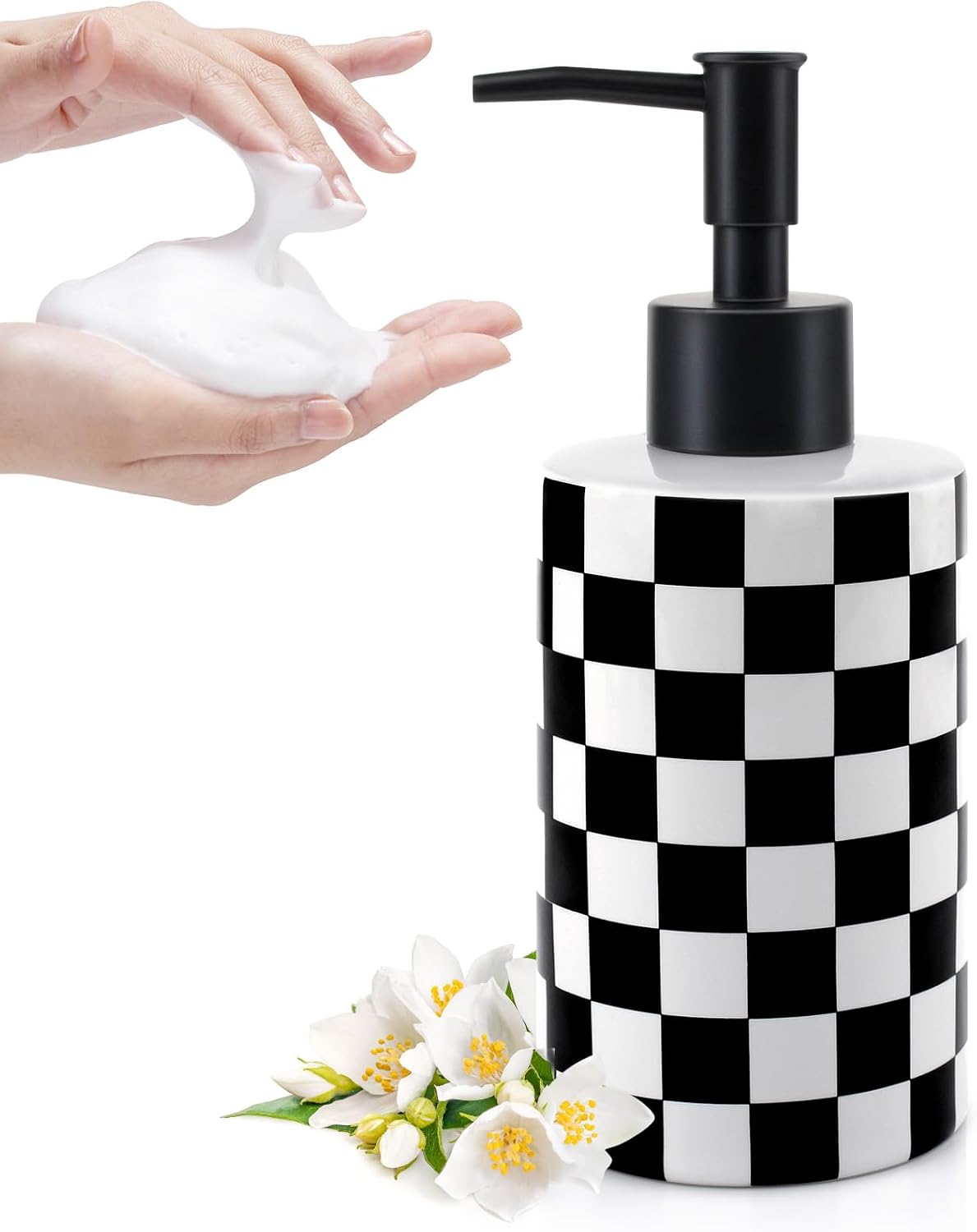 Soap Dispenser with Matte Black Pump, Ceramic Soap Dispenser Bathroom, Checkerboard Dish Soap Lotion Dispenser for Kitchen Sink, Black & White Plaid Refillable Liquid Hand Soap Bottle
