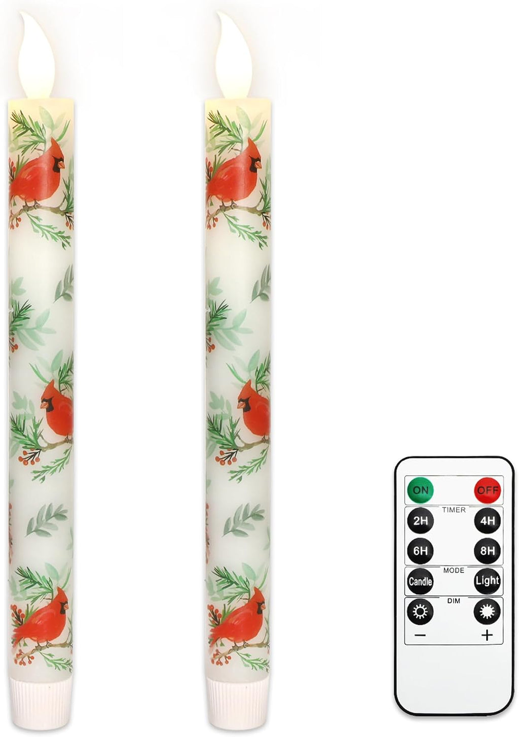 MELTONE Cardinal Bird Flameless Taper Candles with Remote - Red Bird Theme LED Taper Candles for Home Xmas Holiday Party Christmas Decoration - 2PCS 9.5INCH