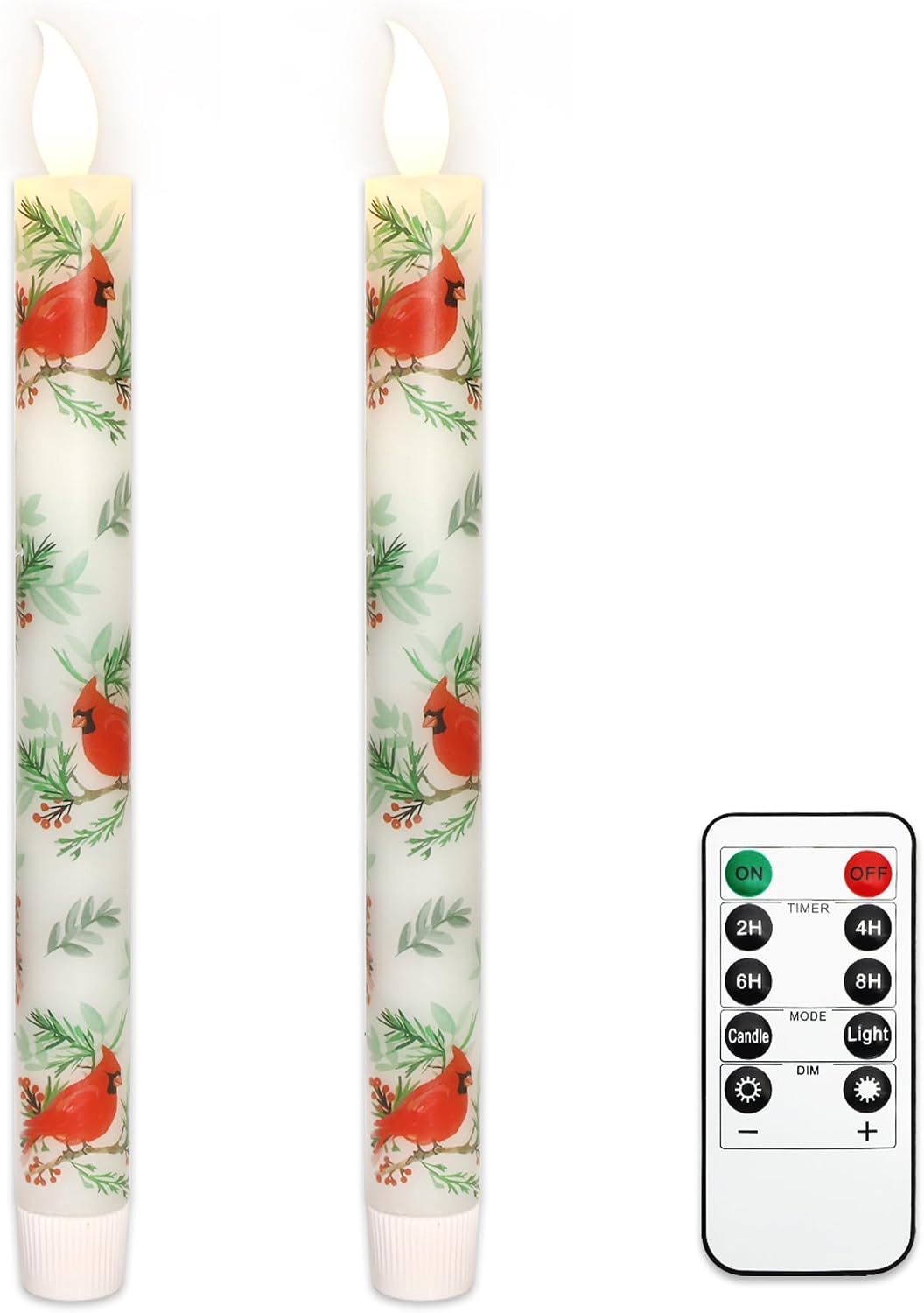 MELTONE Cardinal Bird Flameless Taper Candles with Remote - Red Bird Theme LED Taper Candles for Home Xmas Holiday Party Christmas Decoration - 2PCS 9.5INCH