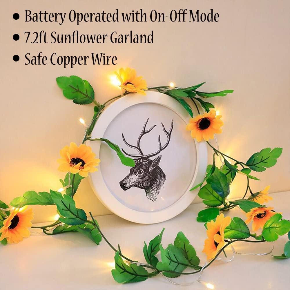 Fielegen 20 LED Artificial Sunflower String Lights, 7.2 ft Sunflower Garland with Lights Battery Operated Flower Fairy String Lights for Bedroom Wedding Birthday Party Home Garden Decor