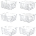 Freezer Organizer Bin, Kitchen Metal Wire Storage Basket, Pantry Cupboard Household Container Divider with Handles, Rustproof - White
