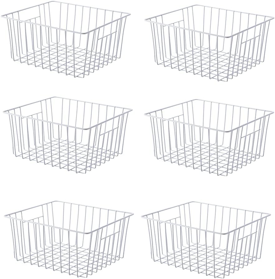Freezer Organizer Bin, Kitchen Metal Wire Storage Basket, Pantry Cupboard Household Container Divider with Handles, Rustproof - White