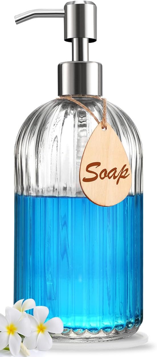 Thick Glass Soap Dispenser with Silicone Pad – Premium Quality – Dish Soap Dispenser, Hand Soap Dispenser – Rust Proof Stainless Steel Pump – Ideal for Kitchen Dish Soap, Bathroom Soap