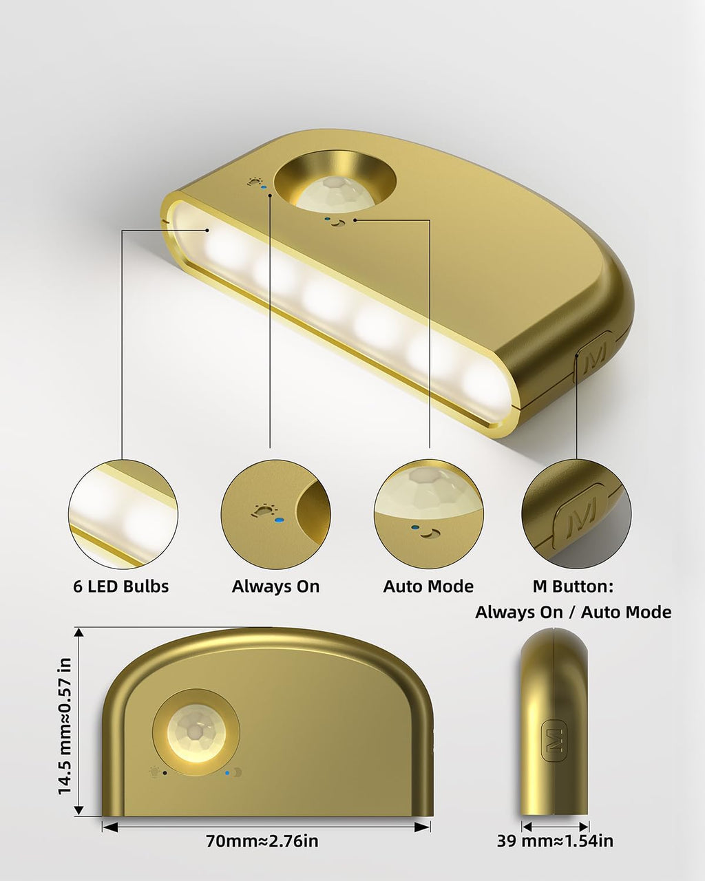 Keyhole Light,Battery Powered Motion Sensor Lights,2 Gold Door Lock Light Magnetic & Dimmable, 6 LED Bulbs PIR Wireless Motion Detector 6500K Soft White,Portable Nightlight for Hallway,Bathroom
