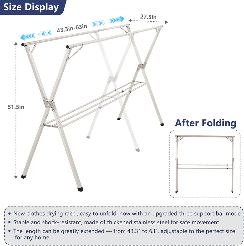 63 inches Foldable Clothes Drying Rack, Stainless Steel Indoor Outdoor Use
