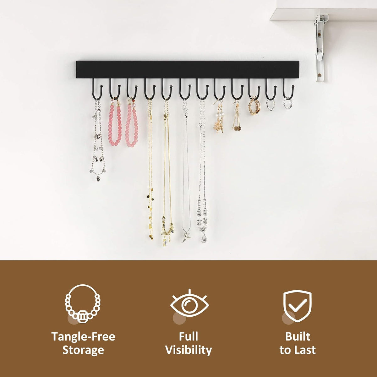 ZEDODIER Necklace Organizer Wall Mount, Wooden Self-Adhesive Jewelry Hanger with 12 Adjustable Hooks, Hanging Holder for Necklace, Belts, Tank Tops, Bras, Black