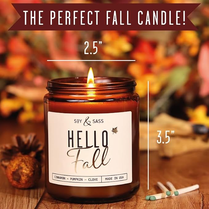 Fall Candles - 'Hello Fall Scented Candle' w/Cinnamon, Pumpkin & Fir I Infused with Essential Oils Autumn Scented Soy Candles for Home Décor, 9oz Reusable Jar, 50Hr Burn, Made in USA
