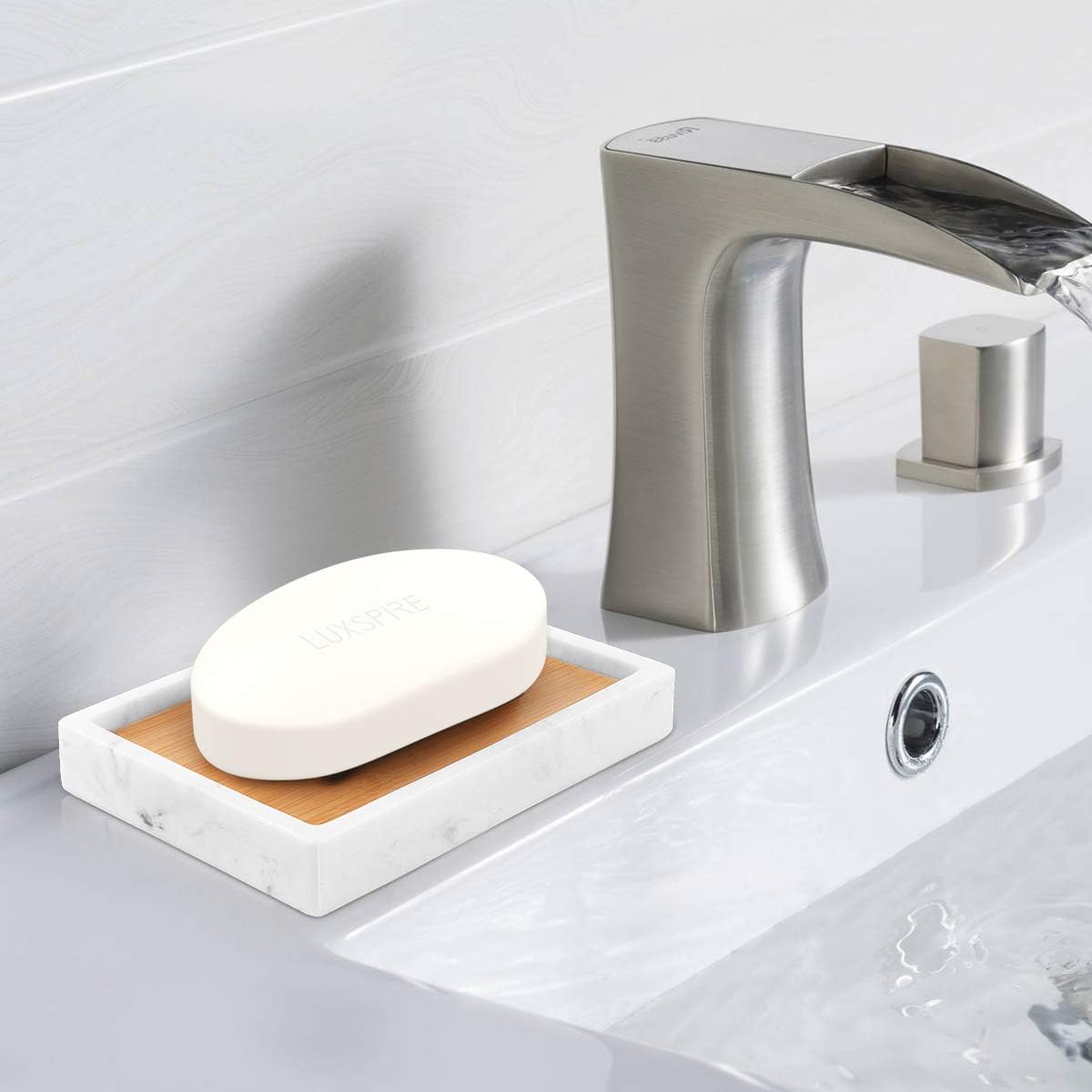 Luxspire Bamboo Soap Dish, Resin Holder with Drainage, Gravel White