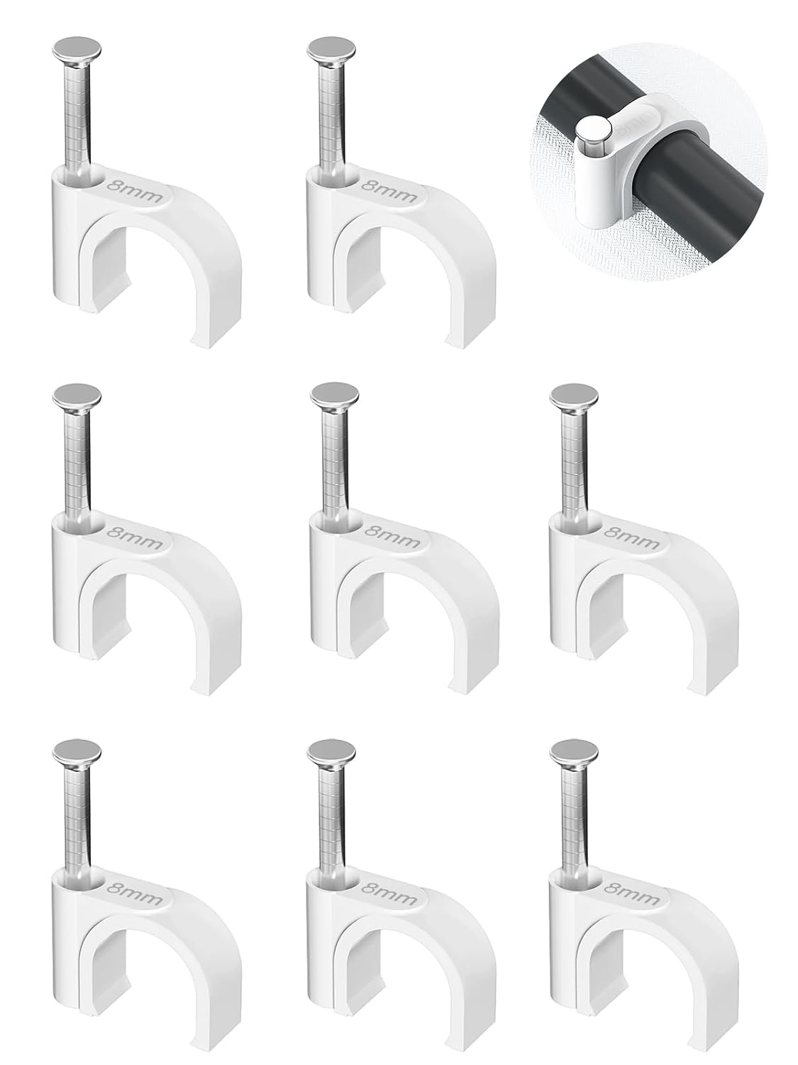 Jadaol Cable Clips 100Pcs 8mm Nail in Clips for Round Ethernet Cables Wall Clips Cable Tacks Electrical Wire TV Cable Speaker Wire Coax Clips Cable Nails for Cords Cat5/Cat5e/Cat6/Cat7 RJ45 Cord Clips