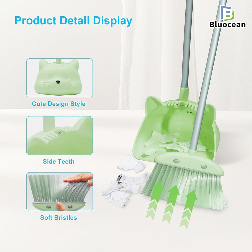 28'' Kids Mini Broom and Dustpan Set-Toddler Cleaning Toy, Toddler Household Helper, Parent-Child Interactive Play Cleaning Tool, Cute Cartoon Design, Small Safe Corner Broom (Green)