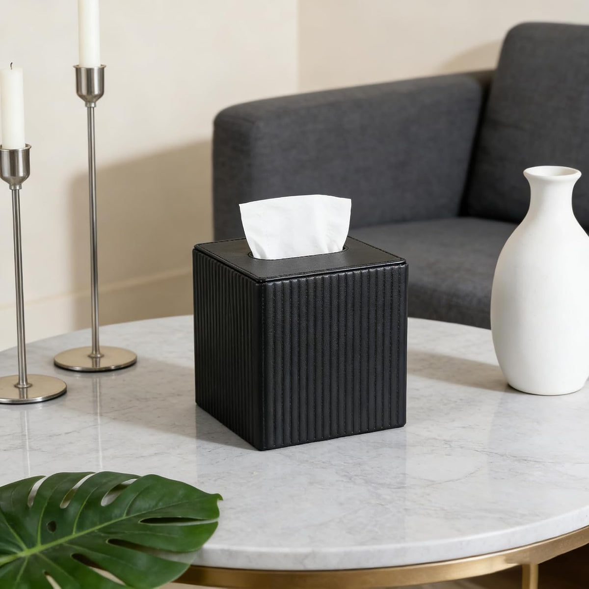 Square PU Leather Tissue Box Cover Holder with Magnetic Bottom Modern Cube Fits for Vanity, Bathroom, Bedroom, Living Room, Office,Nightstand(Black Stripe)