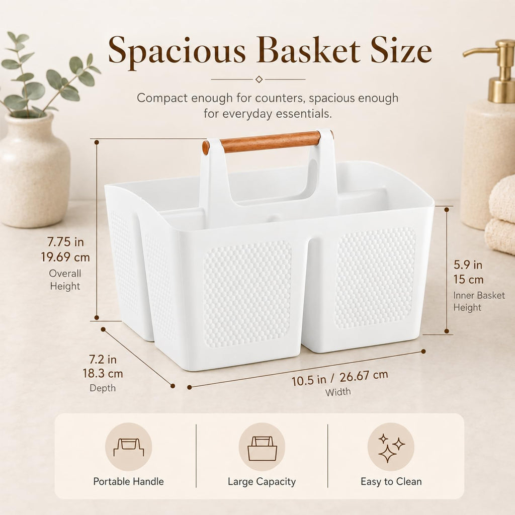 Haundry Plastic White Shower Caddy Basket with 3 Compartments, Portable Divided Bathroom Cleaning Caddy Organizer Storage Tote with Handle for Dorm, College, Room Essentials