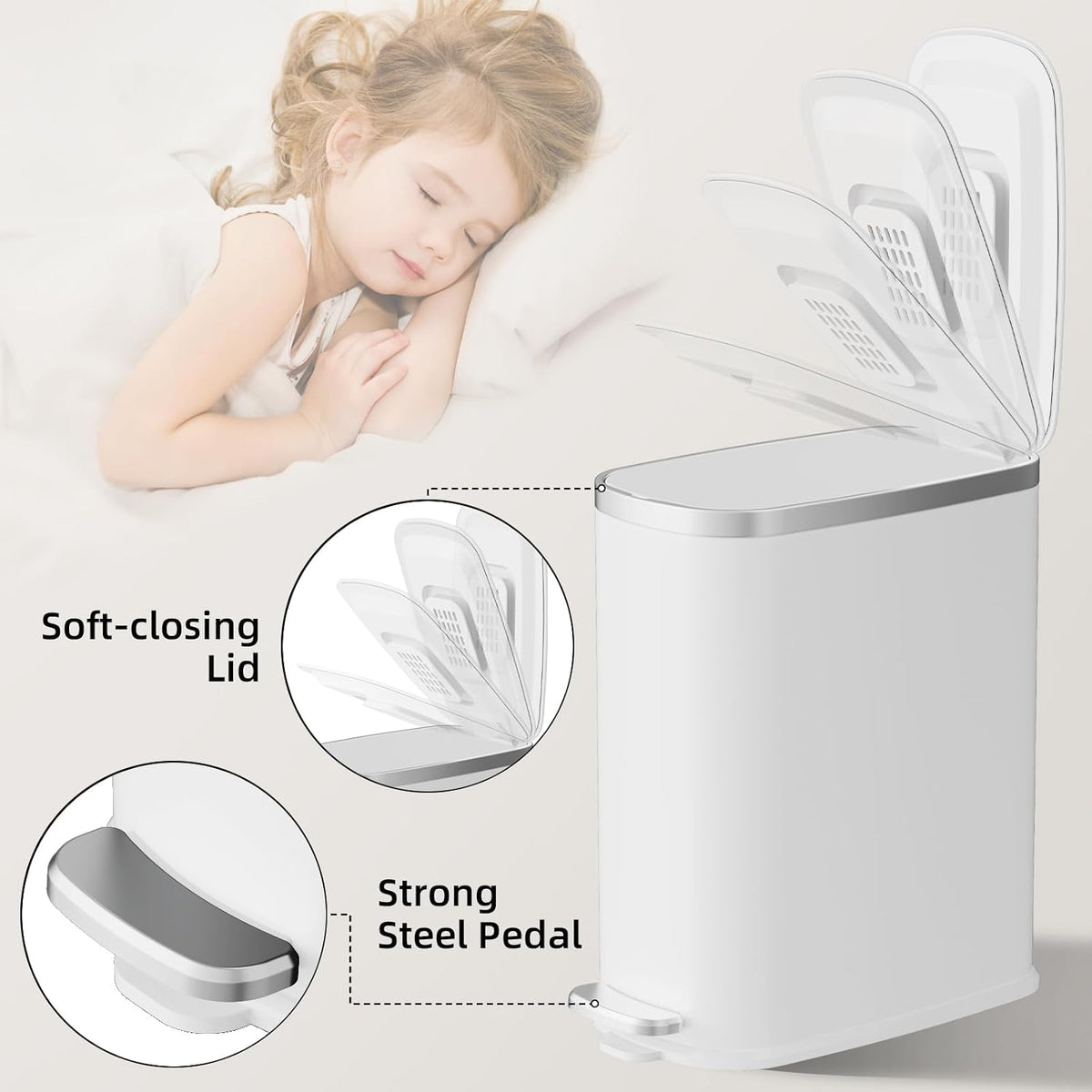 KUK Slim Bathroom Trash Can with Lid Soft Close, Step Pedal, 2.6 Gal/ 10L Stainless Steel Garbage Can with Removable Inner Bucket, Anti-Fingerprint Wastebasket for Office, Bedroom, Toilet (White)