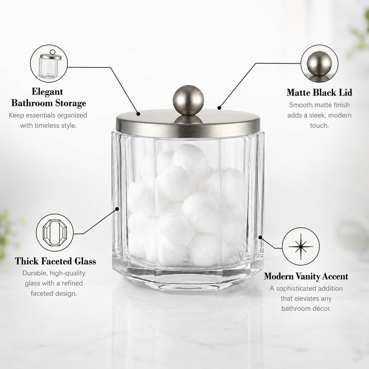 Clear Transparent Apothecary Octagional Shaped Glass Canister Jar With Satin Nickel Metal Lid Cover for Bathroom Organization, Cotton Balls, Q Tips, and Small Accessories, Bath Storage